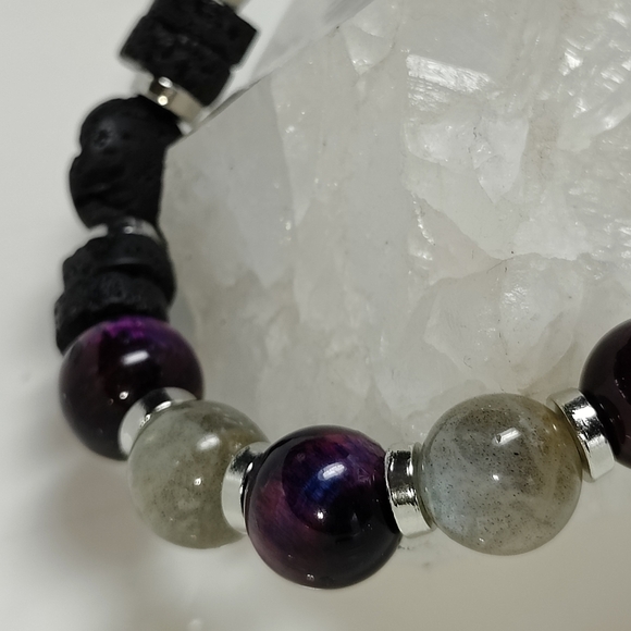 Labradorite, Blue/Purple Hawk's Eye natural gem Diffuser Bracelet - Hand Crafted - Picture 5 of 10